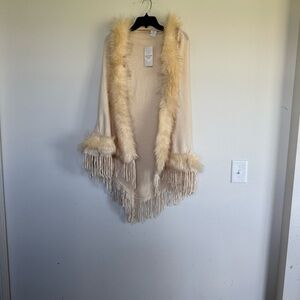 New Northern Angel Cream Fringe Shawl with Faux Fur Trim